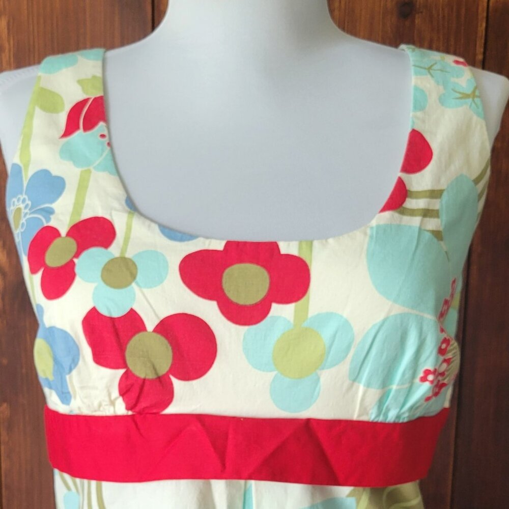 Junior 11 White Floral Summer Dress‎ Empire Waist Red Buttons USA Made 60s Retro